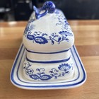 Blue Onion White Floral Glazed Ceramic Vintage Rectangle Butter Dish With Lid