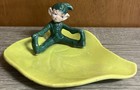 Vintage Retro 1950s Gilner Pixie Elf Ceramic Green Sitting Elf On Lime Leaf Tray