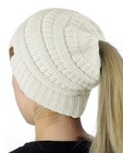 Beanietail Soft Stretch Cable Knit Messy High Bun Ponytail Beanie Hat  Ivory