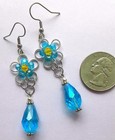 Blue Crystal Daisy  Teardrop Dangle Earring Sp Fish Hook Handmade Xag