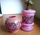 1890s Cupid Pink Cased Glass Miniature Oil Lamp W matching Cupid Shade As Is