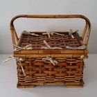 Sewing Basket  Double Handle  Box With Tray Woven Bamboo Vintage