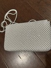 Vintage White Metal Mesh Crossbody Shoulder Bag Hong Kong Gold Trim 7x5in