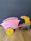 Antique Vintage Hand Made Wooden Bunny Rabbit Wagon Pull Toy