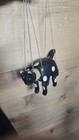 Vtg Folk Art Wooden Cat Marionette Puppet Black White Spotted Hand Carved Kitten