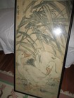 Antique  Oriental Signed Watercolor Of White Ducks Framed 16 X 31