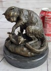 Cute Cat With Kitten Art Deco Bronze Marble Statue Sculpture Decor