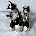 Vintage Chrome Silver Mcm Cat Family Figurine 3 Cats Gold Bow Ties Retro