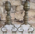 Set Of Antique Federal Fireplace Andirons Cast Brass And Iron Metal
