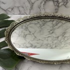 Vintage 70s Mirror Vanity Tray Oval Silver Metallic Filigree Regency Bathroom