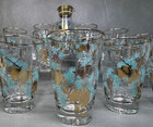 19 Piece Mid Century Modern Libbey Turquoise   Gold Pinecone Glasses With Carafe