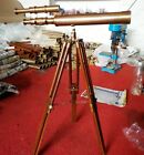 Antique Vintage Brass Telescope 18  W  Wooden Tripod Us Navy Marine Collectible
