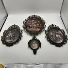 Vintage Victorian Ornate Brass Frames Convex Bubble Glass Floral Italy Set Of 4