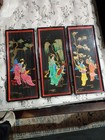 Vintage Asian Original Wall Art Mother Of Pearl Inlay 3 Piece Set