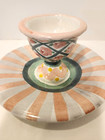1989 Mackenzie Childs Egg Cup Holder With Attached Saucer  Gray  Pink   Green