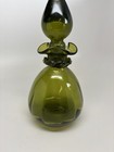 Vintage Rainbow Art Glass Olive Green Pinched Decanter W flame Stopper Mcm