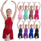 Kids Girls Lyrical Dance Dresses Performance Dancewear Glittery Leotard Dress