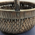 Reed Basket Bent Wood Handle Dk Brown Round Woven Antique C  1900 Market Wicker