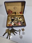 Antique Sewing Junk Drawer Box Notions - Buttons Pins Wooden Dice Keys