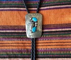 Vtg Southwestern Sterling Silver Bolo Tie Turquoise Twins Navajo Stamped Designs