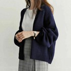 Lady Knitted Cardigan Sweater Loose Coat Jacket Puff Sleeve Jumper Knitwear Tops