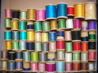 Vintage Lot 71 Wooden Thread Spools C c   Vtg Brands In Metal Container Sewing