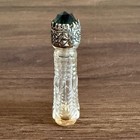 Vintage Miniature Glass Perfume Bottle Green Jewel Filigree Cap 1 75 Inch Czech