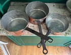 Antique Copper Cooking Pots   Sauce Pan Forged Handles Patina Lot Of 3
