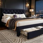 Full Queen King Bed Frame With 2 Storage Drawers Upholstered Headboard Bed Frame
