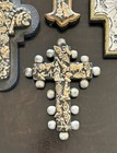 Vintage Handmade Mexican Wood   Metal Milagros Decorative Cross - 5-3 4  Tall