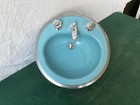 Vintage 18  Cast Iron Regency Blue Porcelain Round Drop In Bath Sink 471-25e