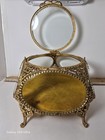 Vintage Ormolu Filigree Round Casket Jewelry Trinket Box Beveled Glass 