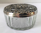 Vintage Glass Powder Jar Trinket Vanity Victorian Ornate Silver-tone Lid Glows