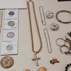 Vintage Grandpas Junk Drawer Estate Lot Mint Coins Jewelry Stamps Watch Key Toy