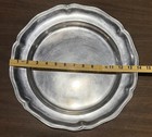 Round Pewter Platter Tray  Silver Satin Finish  Scalloped Rim  13 In