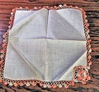 Vtg Hanky White Irish Linen Handmade Pink   White Lace Raised-petal Flower  101