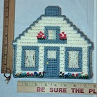     vintage Handmade Crochet Basket Napkin Holder Blue white House Flower 7x7x4     