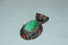 Chinese Old Craft  Made Old Tibetan Silver Cloisonne Inlaid Green Jade Pendant