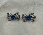 Vintage 1930s Hob   Sterling Silver Bow Shoe Clips Blue Glass Rhinestone Art Deco