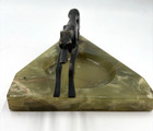Art Deco C1915 Stylized Greyhound Dog Bronze Mascot On Carved Onyx Trinket Bowl