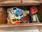 Vintage Curved Wooden Sewing Box Basket 2 Hinged Lids Carrying Handle Contents  