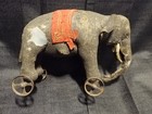 Antique Stuffed Elephant Childs Pull Toy Cast Wheels