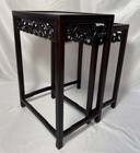 Antique Old Vintage Asian Hand Carved Solid Wood Nesting Tables Pair Set Of 2