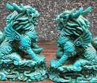 Chinese Hand-carved Natural Turquoise Statuelion Exquisite Green  A Pair 