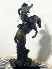 Vintage Neadal Western Statue - Bronze   Copper Cowboy On Horse - Wood Base - 14