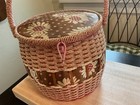 Vintage Pink Wicker And Floral Fabric Round Sewing Basket Japan