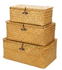 Handwoven Seagrass Storage Baskets With Lids - Set Of 3 Rectangular Organizers