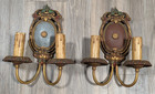Vtg 1930s Victorian Deco Wall Sconce Double Pair Cast Metal Riddle Electric