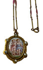 Rare  Victorian Antique  hp Enamel Cherubs pearls locket pink  Guilloche Chain