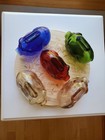 5 Vintage Glass Piggy Banks  red Pink Blue Green Amber    Engraved Wood Base